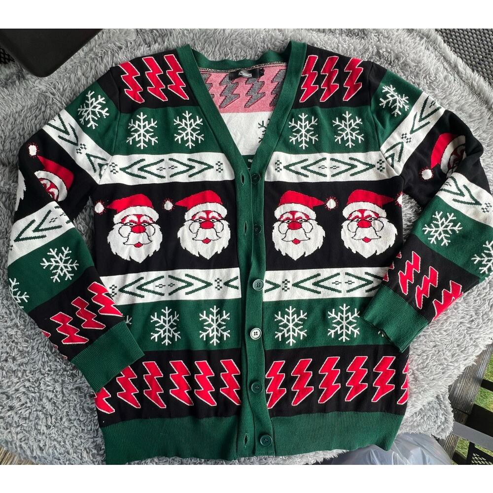 Christmas Cardigan Sweater, santa, Excellent condition, bolts,  Adult Medium